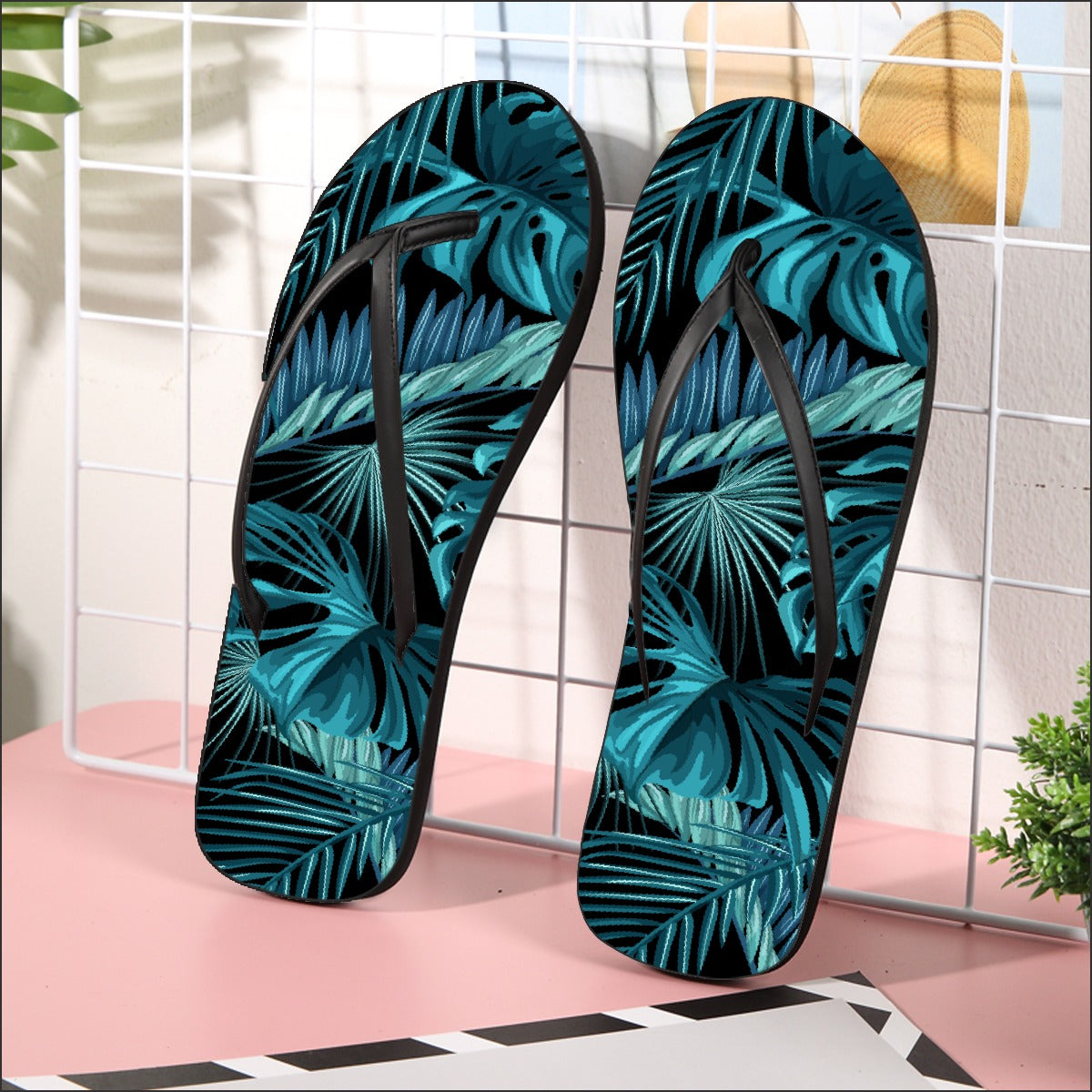 Teal Palms Flip Flops