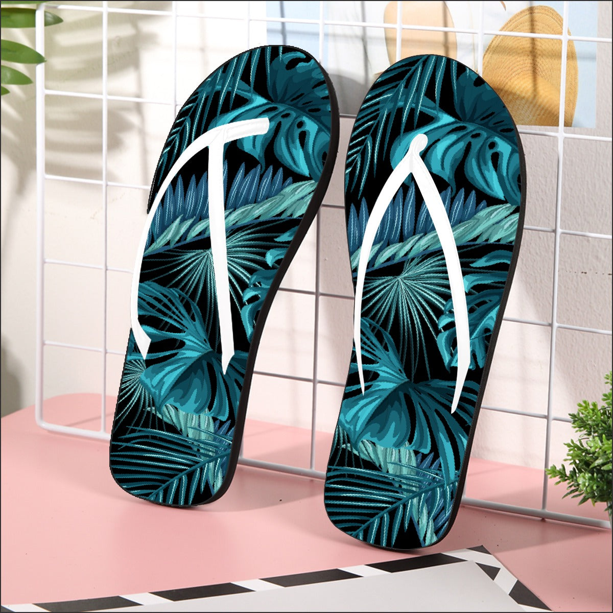 Teal Palms Flip Flops
