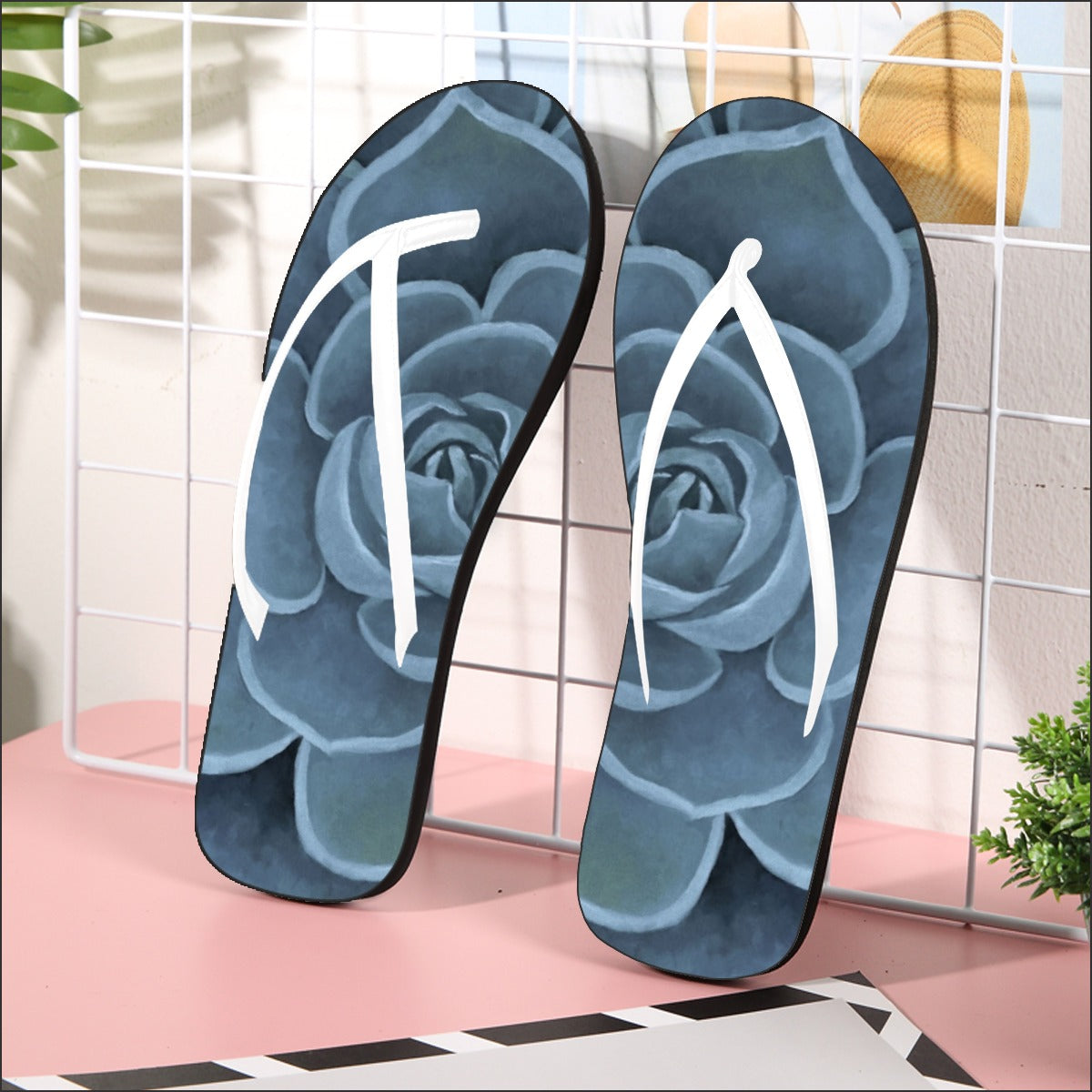 Cobalt Succulent Flip Flops